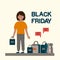 Black Friday sale with people. Poster of characters with shopping bags. Big Discount advertising with a person and