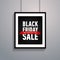 Black friday sale poster with red ribbon hanging on ropes. Trendy shopping banner. Discount up to 55. Online shopping