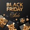 Black friday sale square vector composition on black background for banner or social network post. Golden lettering and gold and b