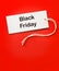 Black friday sale tag red background. White label black friday clothes discount attention