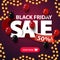 Black friday sale, up to 50% off, purple discount square banner with large letters, balloons and garland.