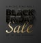 Black Friday Sale vector banner. Glossy black text with thin golden frame on dark grey background. Window and gift glass effect