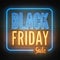 Black friday sale vector banner retro style template with yellow blue neon light box