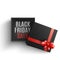 Black friday sale vector illustration with open dark paper gift box with sign on bottom.