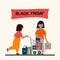 Black Friday vector banner. People on sale make purchases. A girl with a shopping basket and bags.