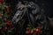 Black Friesian horse with a Christmas wreath around its neck