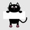 Black funny cat hanging on paper board template. Kitten body with paw print, tail. Cute cartoon character. Kawaii animal. Baby car