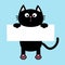 Black funny cat hanging on paper board template. Kitten body with paw print, tail. Cute cartoon character. Kawaii animal. Baby car