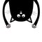 Black funny cat Head silhouette hanging upside down. Crazy eyes, teeth, tongue, hands. Cute cartoon character Baby collection. Hap