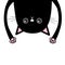 Black funny cat Head silhouette hanging upside down. Two eyes, teeth, tongue, hands. Cute cartoon character Baby collection. Happy
