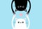 Black funny cat Head silhouette hanging upside down. White kitten hands up. Pink heart Love card. Eyes, paw print. Cute cartoon ch