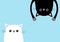 Black funny cat Head silhouette hanging upside down. White kitten head face. Eyes, teeth, tongue, hands paw print. Cute cartoon ch