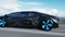 Black futuristic electric car on highway in desert. Very fast driving. Concept of future. Realistic 4k animation.