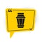 Black Garden light lamp icon isolated on white background. Solar powered lamp. Lantern. Street lamp. Yellow speech
