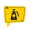 Black Garden sprayer for water, fertilizer, chemicals icon isolated on white background. Yellow speech bubble symbol