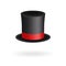 Black gentleman hat cylinder with red ribbon. Elegance and aristocratic symbol. Volumetric icon isolated on white background. Vect