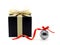 black gift box with glittering gold ribbon net bow and shiny metallic christmas ball with red ribbon