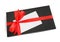 Black gift box with red satin ribbon bow and a blank card