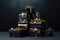 Black gift boxes on black background. Christmas and New Year concept, Black gift boxes arranged on dark background, AI Generated