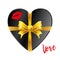 Black gift in the form of heart with gold ribbon on a white background and a trace of a kiss lips. Inscription Love. Vector