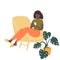 Black girl sitting in comfy chair, using her smartphone. Stay home concept. Cozy room vector illustration with potted