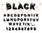 Black glossy font design. ABC letters and numbers. Glitter golden confetti.