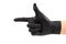 Black glove finger gun gesture isolated on white