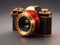 black and gold 3d render camera with gradient color background