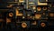 a black and gold abstract wall with many speakers