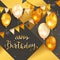 Black and Gold Background with Golden Birthday Balloons and Pennants