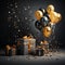 Black and gold balloons, confetti, gift boxes with ribbon on black background. Black Friday, Sale banner. AI