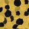 Black and gold camellias and decorative leaves seamless repeating pattern