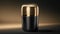 a black and gold container with a gold top on a black background with a light from the top of the container and a shadow from the