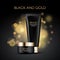 Black and gold cosmetics package template on abstract blurred background