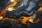 Black and gold marble texture with waves and bubbles. The marble surface is shiny and reflective. It creates a feeling of luxury