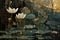 Black and gold pattern, abstract expressionism painting, graphic art nouveau, lotus and waterlily created by generative AI