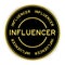 Black and gold round sticker with word influencer on white background