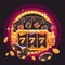 Black and gold slot machine with playing cards, poker chips and gold coins. Casino flat illustration