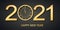 Black and golden shiny 2021 New Year web banner. Card with snow, reflection and round clock the chimes Kremlin Spasskaya