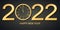 Black and golden shiny 2022 New Year web banner. Card with snow, reflection and round clock the chimes Kremlin Spasskaya