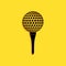 Black Golf ball on tee icon isolated on yellow background. Long shadow style. Vector