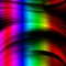 Black gradient background with wavy rainbow lines.