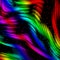 Black gradient background with wavy rainbow lines.