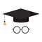 Black graduate hat or cap with tassel, glasses flat design icon