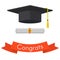 Black Graduation Cap, Diploma and Red Ribbon Vector Illustration