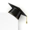 Black graduation cap with golden tassel hanging on corner. Realistic 3d graduate student academic hat on white frame board vector