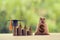 Black graduation cap, Hat and US dollar bag on rows of rising coins,  on a table. Education funding, financial concept. Depicts