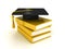 Black graduation cap on pile of books over white