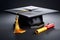 Black graduation cap with yellow tassel and diploma on dark background