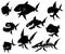 Black graphic silhouette cool monster fish on white background